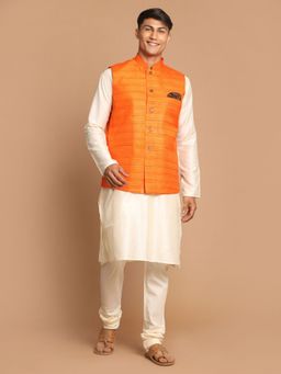 Vastramay - Men's Orange And Cream Viscose Jacket, Kurta and Pyjama (Set of 3)
