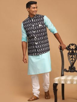 Vastramay - Men's Aqua, Black And White Blended Fabric Jacket, Kurta and Pyjama (Set of 3)