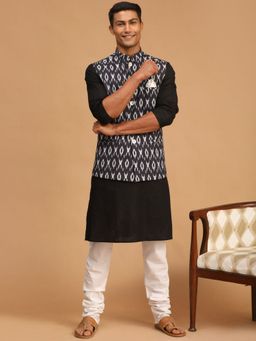 Vastramay - Men's Black And White Blended Fabric Jacket, Kurta and Pyjama (Set of 3)