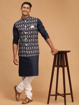 Vastramay - Men's Navy Blue, Black & White Blended Fabric Jacket, Kurta & Pyjama (Set of 3)