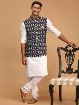 Vastramay - Men's Black And White Blended Fabric Jacket, Kurta and Pyjama (Set of 3)