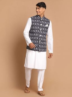 Vastramay - Men's Black And White Pure Cotton Jacket, Kurta and Pyjama (Set of 3)