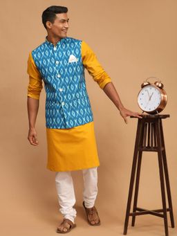 Vastramay - Men's Mustard, Turquoise & White Blended Fabric Jacket, Kurta & Pyjama (Set of 3)