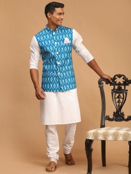 Vastramay - Men's Turquoise And White Blended Fabric Jacket, Kurta and Pyjama (Set of 3)