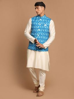 Vastramay - Men's Turquoise And Cream Viscose Jacket, Kurta and Pyjama (Set of 3)