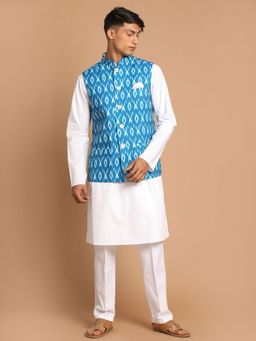 Vastramay - Men's Turquoise And White Pure Cotton Jacket, Kurta and Pyjama (Set of 3)