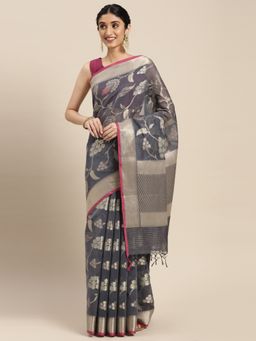 Banarasi Silk Works - Grey Masrise Cotton Tilfi Jaal Zari Border Saree with Unstitched Blouse
