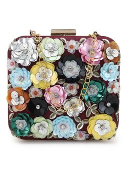 Anekaant - Vista Wine and Multi Faux Silk Floral Embellished Clutch