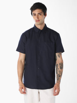 Jack & Jones - Men Navy Blue Cotton Blend Regular Fit Shirt