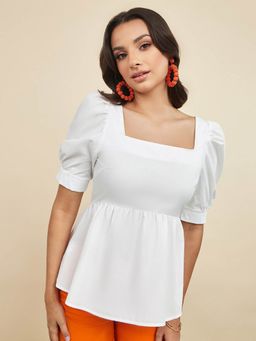 Styli - White Puff Short Sleeve Square Neck Peplum Top