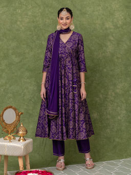 Kasya - Purple Floral With Gota Work Anarkali Kurta With Pant And Dupatta (Set of 3)