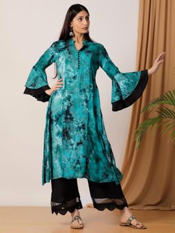 Empress Pitara - Tie Dye Turquoise Kurta With Black Palazzo (Set of 2)