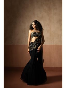 Quench A Thirst - Womens Black Pre-Draped Saree with Stitched Blouse