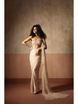 Quench A Thirst - Womens Beige Pre-Draped Saree with Stitched Blouse