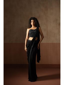 Quench A Thirst - Womens Black Pre-Draped Saree with Stitched Blouse