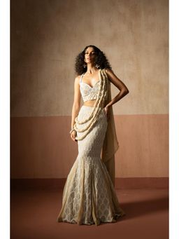 Quench A Thirst - Womens Ivory Pre-Draped Saree with Stitched Blouse
