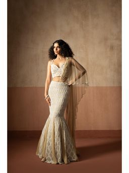 Quench A Thirst - Womens Ivory Pre-Draped Saree with Stitched Blouse