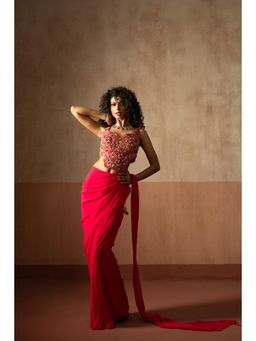 Quench A Thirst - Womens Pink Pre-Draped Saree with Stitched Blouse