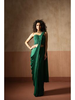 Quench A Thirst - Womens Green Pre-Draped Saree with Stitched Blouse