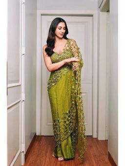 Quench A Thirst - Womens Green Pre-Draped Saree with Stitched Blouse