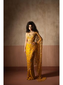Quench A Thirst - Womens Mustard Pre-Draped Saree with Stitched Blouse