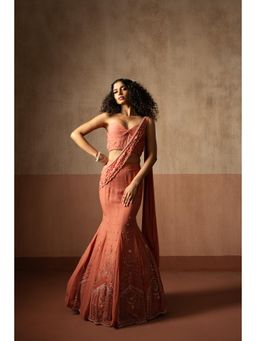 Quench A Thirst - Womens Peach Pre-Draped Saree with Stitched Blouse