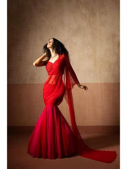 Quench A Thirst - Womens Red Pre-Draped Saree with Stitched Blouse