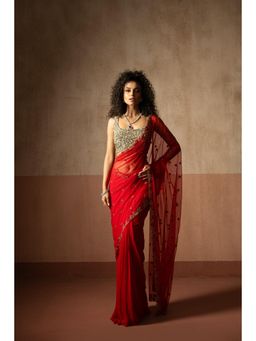 Quench A Thirst - Womens Red Pre-Draped Saree with Stitched Blouse