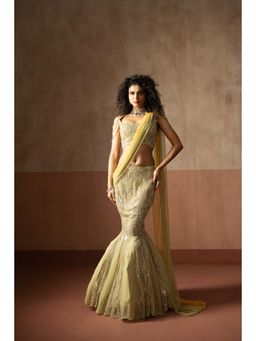Quench A Thirst - Womens Cream Pre-Draped Saree with Stitched Blouse