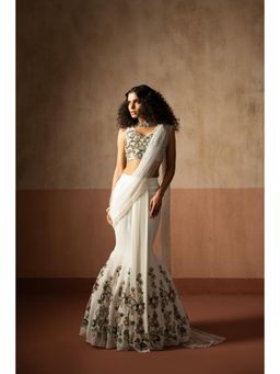 Quench A Thirst - Womens White Pre-Draped Saree with Stitched Blouse