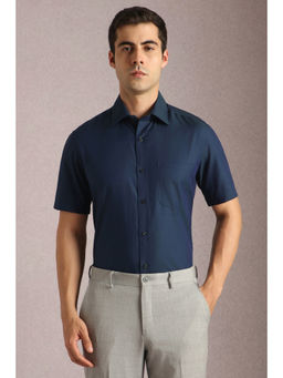 Louis Philippe - Men Navy Blue Textured Half Sleeves Formal Shirt