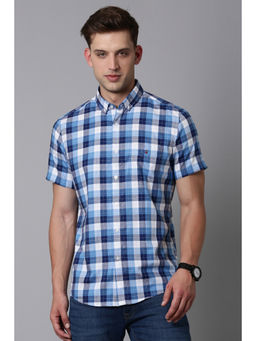 Louis Philippe - Men Blue Slim Fit Check Half Sleeves Casual Shirt