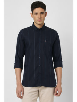 Peter England - Men Navy Blue Slim Fit Stripe Full Sleeves Casual Shirt