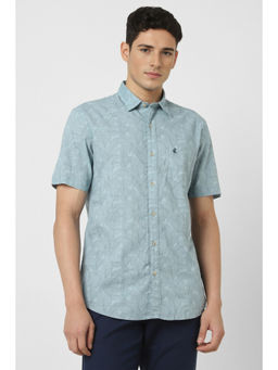 Peter England - Men Light Blue Slim Fit Print Half Sleeves Casual Shirt