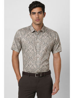 Van Heusen - Men Beige Slim Fit Print Half Sleeves Formal Shirt