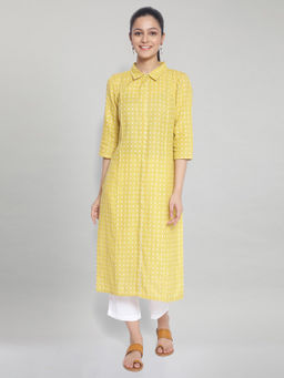 Aurelia - Yellow Shirt Collar Neck Printed Kurta