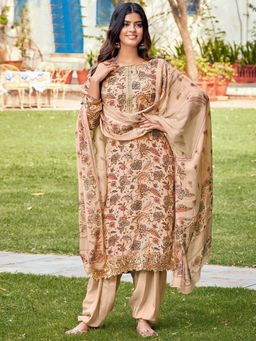 Odette - Beige Crepe Floral Printed and Embroidered Dress Material