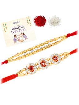 Peora - Gold Tone Floral and Beaded Thread Rakhis for Brother with Roli Chawal and Greeting Card