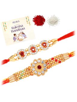 Peora - Gold Plated American Diamond Thread Rakhis for Brother with Roli Chawal and Greeting Card