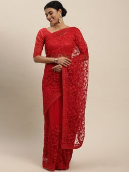 VAIRAGEE - Red Floral Embroidered Net Saree with Unstitched Blouse