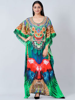First Resort by Ramola Bachchan - Green And Blue Tribal Embellished Silk Full Length Kaftan