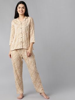 Vaamsi - Women Beige Cotton Printed Comfortable Night Dress (Set of 2)
