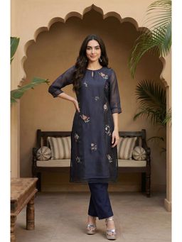 W - Navy Blue Embroidered Kurta