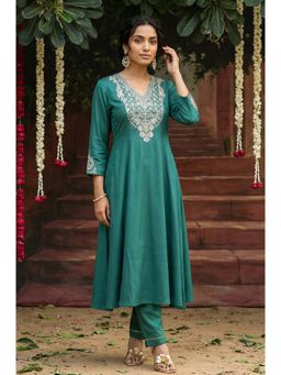 W - Dark Green Embroidered Flared Festive Kurta