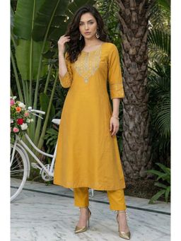 W - Mustard Embroidered A-Line Rayon Kurta