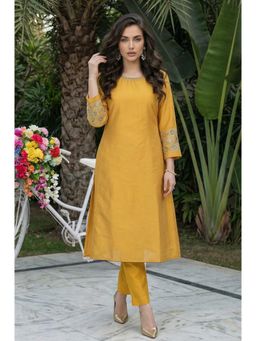 W - Mustard Embroidered A-Line Rayon Kurta