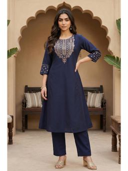W - Navy Blue Embroidered Straight Kurta