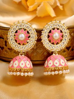 Estele - Gold Plated Gorgeous Pink Meenakari Kundan Jhumki Earrings for Women