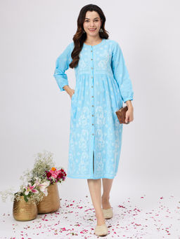 RAKHI APPARELS - Womens Embroidered Turquoise Dress