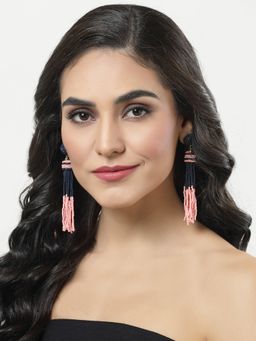 Moedbuille - Pink & Black Beads Contemporary Tasselled Design Gold Plated Handcrafted Earrings